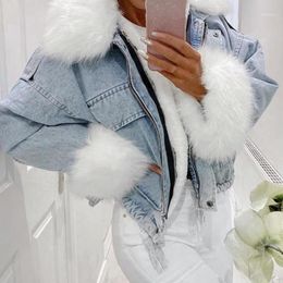 Lugentolo Jean Jacket Women Plus Size Fur Coat Washed And Whiten Solid Turn-down Collar Zipper Short Winter Clothes Women's Jackets