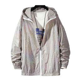 Women Basic Jackets Summer Colorful Reflective Causal Thin Windbreaker Hooded Coat Zipper Bomber veste femme 210922