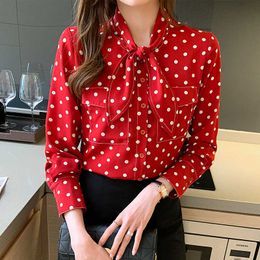 Korean Blouse Women Chiffon s Woman V Neck Bow Polka Dot Long Sleeve Shirts Tops Plus Size Print Shirt 210604