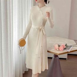 High Quality Fall Winter Knit Sweater Dress Women Korean Long Sleeve OL Robe Elegant A-line Solid Christmas With Belt 210514