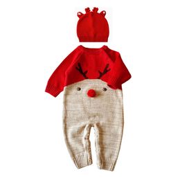 Christmas Elk Autumn Winter Infant born Baby Boys Girls Knit Rompers And Hat Clothes Toddler Jumpsuits 210429