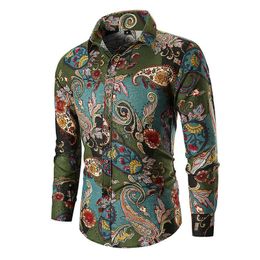 Vintage Paisley Print Hawaiian Shirt Men Autumn Long Sleeve Mens Dress Shirts Wedding Party Prom Shirt Chemise Homme 210628