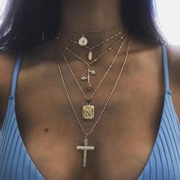 -Ожерелья кулон Слоистое ожерелье Инициализировать персонализированную букву N сплава роза Иисус крест женщин сексуальный подарок