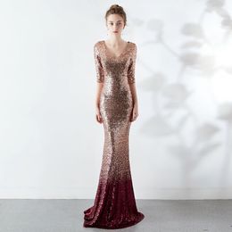 Bling Sparkly Mermaid Evening Party Dresses Long Sleeve Two Tone V-neck Half Sleeve Prom Gown luxurious Engagement dress