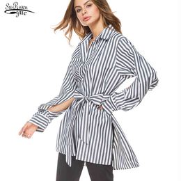 Autumn Lantern Sleeve Striped Long Shirts Women Casual Plus Size Cardigan Blouse Sashes Clothing Blusas Mujer 10300 210508