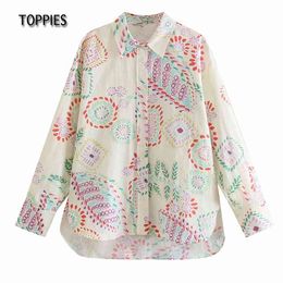 Toppies Summer Loose Beige Linen Shirts Printing Long Sleeve Shirts Overzied Woman Blouses Tops 210412