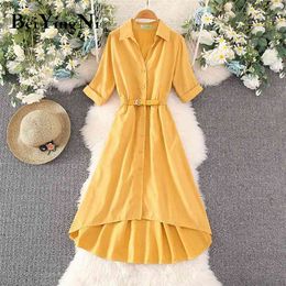 Elegant Chic Vintage Dress for Woman Solid Color Belt Short Sleeve Irregular Office Ladies Midi French Sweet OL 210506