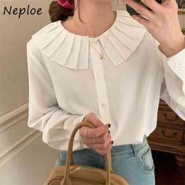 Peter Pan Collar Draped Design Long Sleeve Blouse Women Work Style Ol Solid Loose Blusas Spring Shirt Feminino 210422