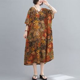 Oversized Women Cotton Linen Casual Dress New Summer Indie Folk Style Vintage Floral Print Loose Female Long Dresses S3773 210412