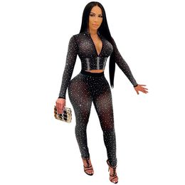 Women Sets Sexy Diamond V-neck Long Sleeve Zipper Two Pieces Sets for Night Club Solid Sheath Long Pants Sets for Evening Party 210712