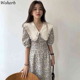Peter Pan Collar Vestidos De Mujer Short Puff Sleeve Summer Dresses Elegant Vintage Sweet Korean A-line Woman Dress 210519