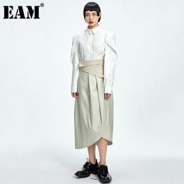 [EAM] High Waist Gray Spliced Pleated Long Sashes Asymmetrical Half-body Skirt Women Fashion Spring Autumn 1DD7296 21512