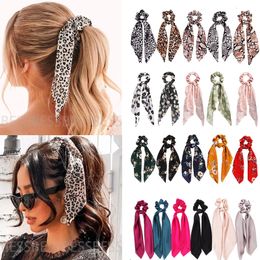 hair barrettes for ponytails Canada - Fashion Leopard Print Bow Satin Long Ribbon Ponytail Scarf Hair Tie Scrunchies Women Girls Elastic Hairband Hairs Accessories 20pcs