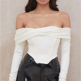 Satin Off Shoulder Draped Corset Crop Top Long Sleeve Wine Sexy Shirt Party Club Wear Slim Bustier Tops with Chest Pad and Bone 210709