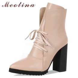 Winter Ankle Boots Women Lace Up Chunky High Heels Short Fashion Pointed Toe Shoes Female Autumn Size 39 210517