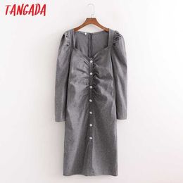 Tangada Fashion Women Beading Buttons Pleated Dress Vintage Long Sleeve Office Ladies Midi Dress 1D95 210609