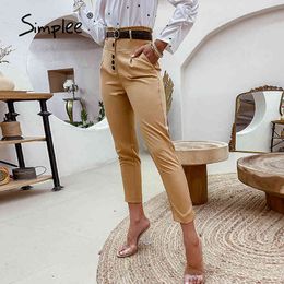 Office lady high waist button bud pants spring Slim ruffled elegant pencil trousers women Casual pocket straight bottom 210414