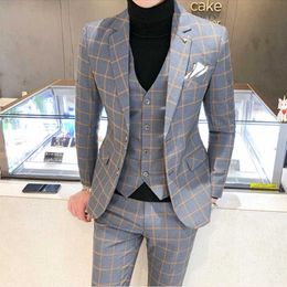 (Jacket+Vest+Pants) Men Dress Suits British 3Piece Men Wedding Suit Autumn Men Business Formal Plaid Suit Male Luxury Slim Dress X0909