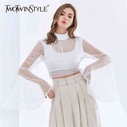 Elegant Shirts For Women Stand Collar Flare Long Sleeve Loose Perspective Lace Short Blouses Female Autumn 210524
