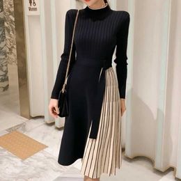 Runway Fashion Women's Elegant Office Lady Work Style High Quality Winter Knit Elastic Patchwork Lace Up Pleated A-Line Dress Y1006