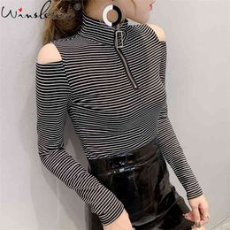 Spring Tshirt Women Striped Turtleneck Off-shoulder Zipper Slim Tops Long Sleeve Cotton Casual T0D511A 210421