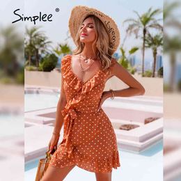 Sexy v-neck sleeveless polka dot women Elegant lace up ruffles short sundress Summer style ladies dress 210414