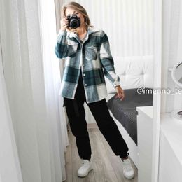 Plaid Jacket Coat Spring Vintage Stylish Pockets Oversized Casual Warm Chic Tops Outwears 210510