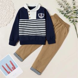 Autumn and Winter Trendy Sailor Striped Button Hooded Sweatshirt Elasticized Plaid Pants Sets Kids Clothing 210528