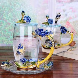 -Creative Blue Rose Smalto di cristallo tazza di tè tazza di caffè a farfalla rosa verniciato fiore di acqua di fiori trasparente con cucchiaio set 210827