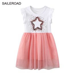 SAILEROAD Baby Girls Summer Dress Kids Clothes Vestidos Princess Mesh Dress with Shiny Star Short Sleeves Children Party Dresses Q0716