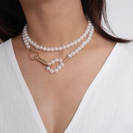 Vintage Single-deck Imitation Pearl Necklace for Women Classic Wedding Party Geometry Round Long Gold Strand Necklaces Jewelry