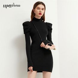 Free Autumn Women's Turtleneck Knit Sweater Dress Stand Collar Puff Sleeve Bodycon Party Dresses Vestidos 210524