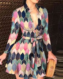 Spring Autumn Women's Colorblock Mini Dress New Femme Button Design Turn-down Collar Long Sleeve Casual Shirt Dress 210415