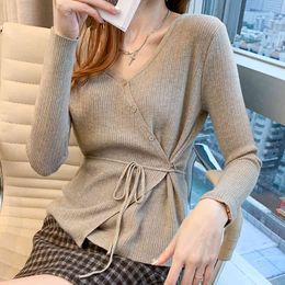 Korean Women Sweater Woman Long Sleeve White s for Knitted Pullovers Autumn V Neck Bow Waist s 210427