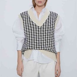 women fashion oversized knitted vest sweater V neck sleeveless houndstooth loose female waistcoat chic tops 210918