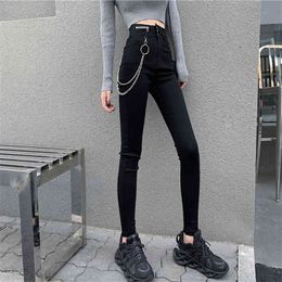 Lucyever Black Skinny Pencil Pants Mujer Autumn Fashion High Waist Jeans Buttons Chain Zipper Elastic Trousers Womens 210521