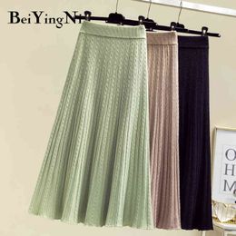 Beiyingni New Arrival Knit Skirt Women Solid Vintage Fashion Pleated Midi Skirts Ladies Knitted Soft Korean Skirt Faldas Mujer 210416