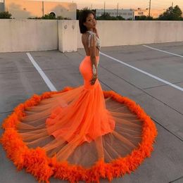 Newest Arrival Orange Mermaid Prom Dresses Lace Beads Crystal Feather Formal Evening Dress 2021 Sheer Neck African Robes De Soiree3438