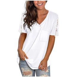 Vintage Lace Splicing T-shirts Women Solid Color Plus Size Tee Tunics Short Sleeve V-neck Casual Summer T-shirt Mujer Camisetas& Y0824
