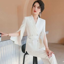 High quality professional female suit pants two-piece autumn double breasted ladies Blazer Slim office 210527