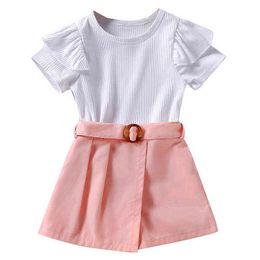 2-6-year-old girls' short sleeve set 2022 summer girls' baby new lace pit strip short sleeve T-shirt + shorts two-piece set G220217
