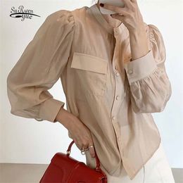 Vintage Puff Sleeve Stand Collar Korea Casual Autumn Fashion Single Breasted Blouse Women Thin Pockets Solid Shirt Tops 12365 210521