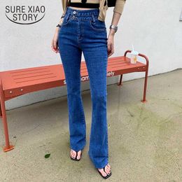 Korean Style High Waist Washed Side 2 Button Micro Horn Burr Jeans Skinny Slim Flare Pant Denim Jeans Stretch Trousers 11569 210528