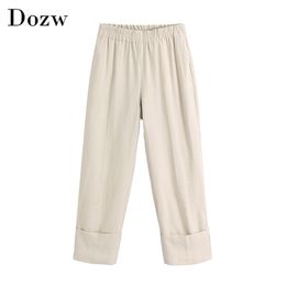 Fashion Women Casual Long Pants Solid High Waist Pleated Wide Leg Office Wear Pockets Ladies Cuff Trousers 210515