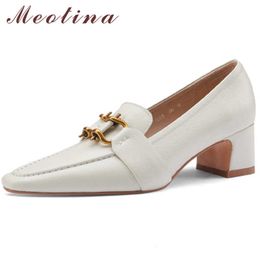 Meotina Pointed Toe Women Shoes Natural Genuine Leather Med Heels Thick Heel Dress Shoes Pumps Female Footwear Spring Beige 43 210608