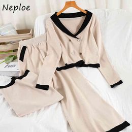 Neploe Temperament Knit 2 Pcs Women Set V Neck Long Sleeve Cardigans + High Waist Hip A Line Skirt Spring Suit Solid 210510