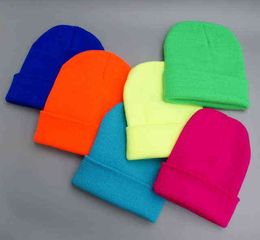 New Fluorescence Colour Hats for men women Neon Colours unisex beanie street dance hip hop bright soft touch Y21111