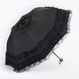 Lace Women Rain Umbrella Sun Paraguas mujer Black Parasol Folding Princess guarda chuva invertido UV Protection Decoration 210721