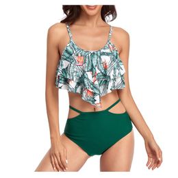 Women's Swimwear Ruffle Hem Bikini Set Floral Print Sling Swimsuit Hollow Brief Bathing Suit Backless Double Cloth Belly Cover 2021 A50