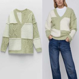 Za Loose Patchwork Knit Sweater Women Long Sleeve V Neck Plus Size Winter Pullover Woman Chic Streetwear Green Sweaters Top 210602